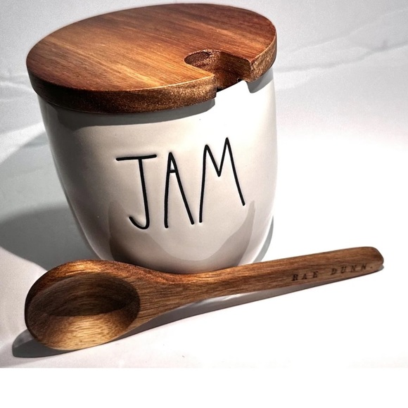 New RAE DUNN Artisan Collection "JAM" Cellar Jar Wood Lid & Spoon By Mag… - Picture 2 of 8